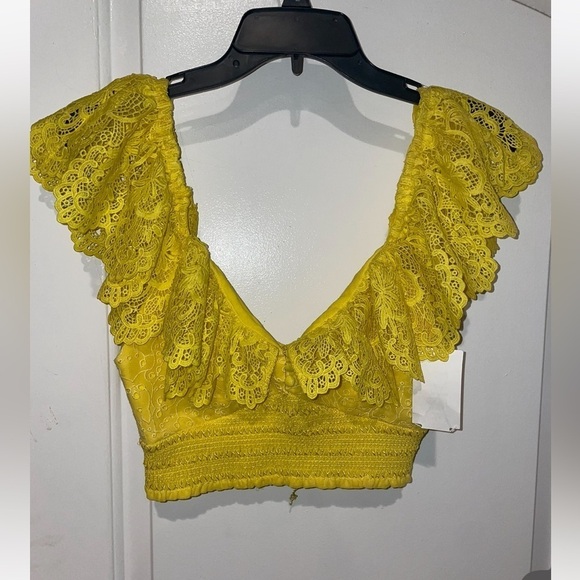 NWT! Alice + Olivia Bleeker Ruffled Lace Crop Top Sunbeam Yellow Smocked🌼 XS - Picture 9 of 16